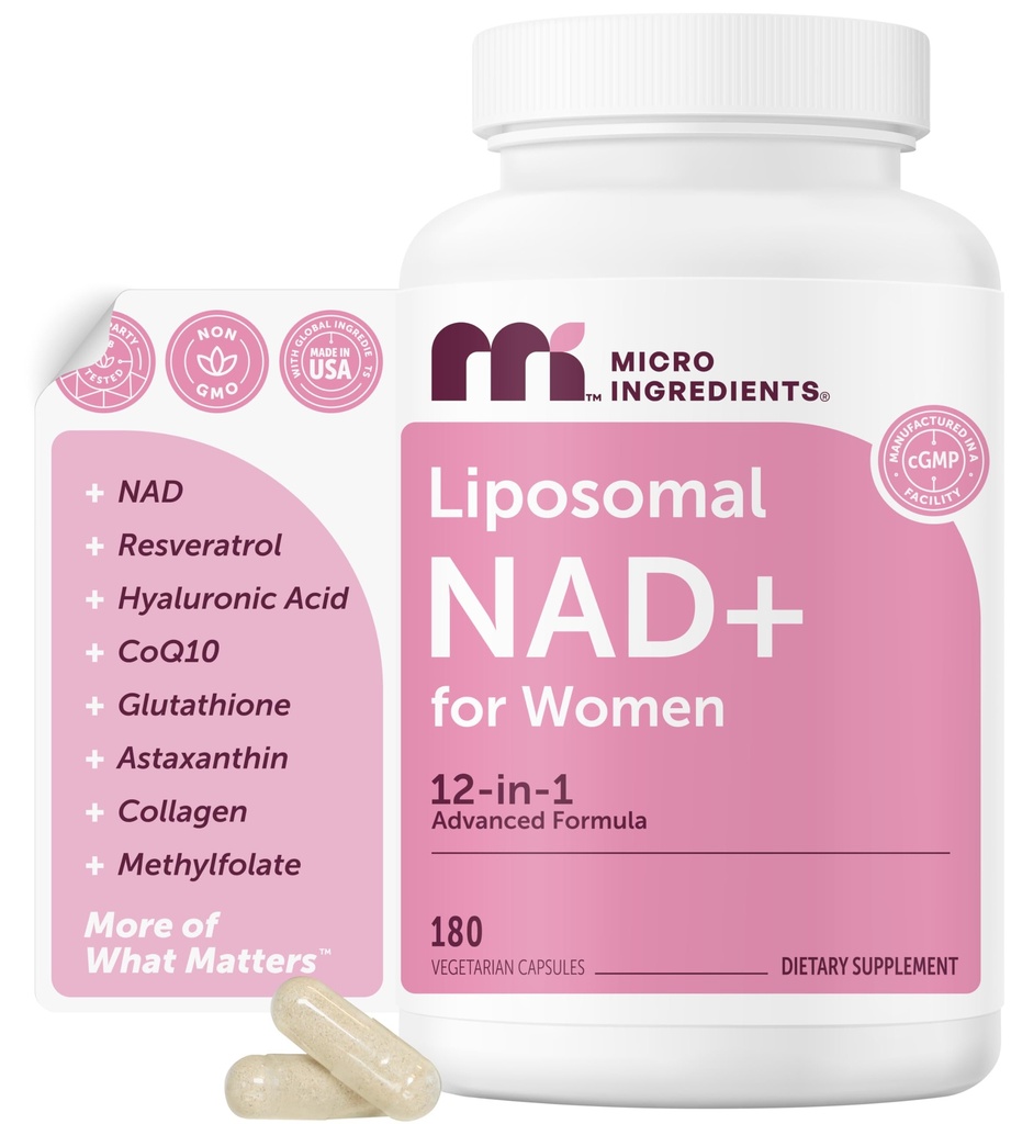 Micro Ingredients Liposomal NAD+ for Women Complex, 180 Veggie Capsules | NMN Pathway Supplement | 12-in-1 Advanced NAD Formula with Resveratrol, Hyaluronic Acid, Glutathione, & Collagen