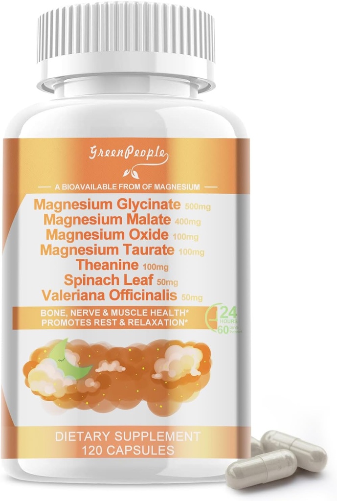 Γλυκινικό μαγνήσιο 500 mg ανά Σερβίρισμα, με Καψάκιο, Ταυρικό & Οξείδιο, Συμπλήρωμα Μαγνησίου για τους μυς, τα οστά, τον ύπνο και την πέψη, 120 κάψουλες Vegan, μη ΓΤΟ