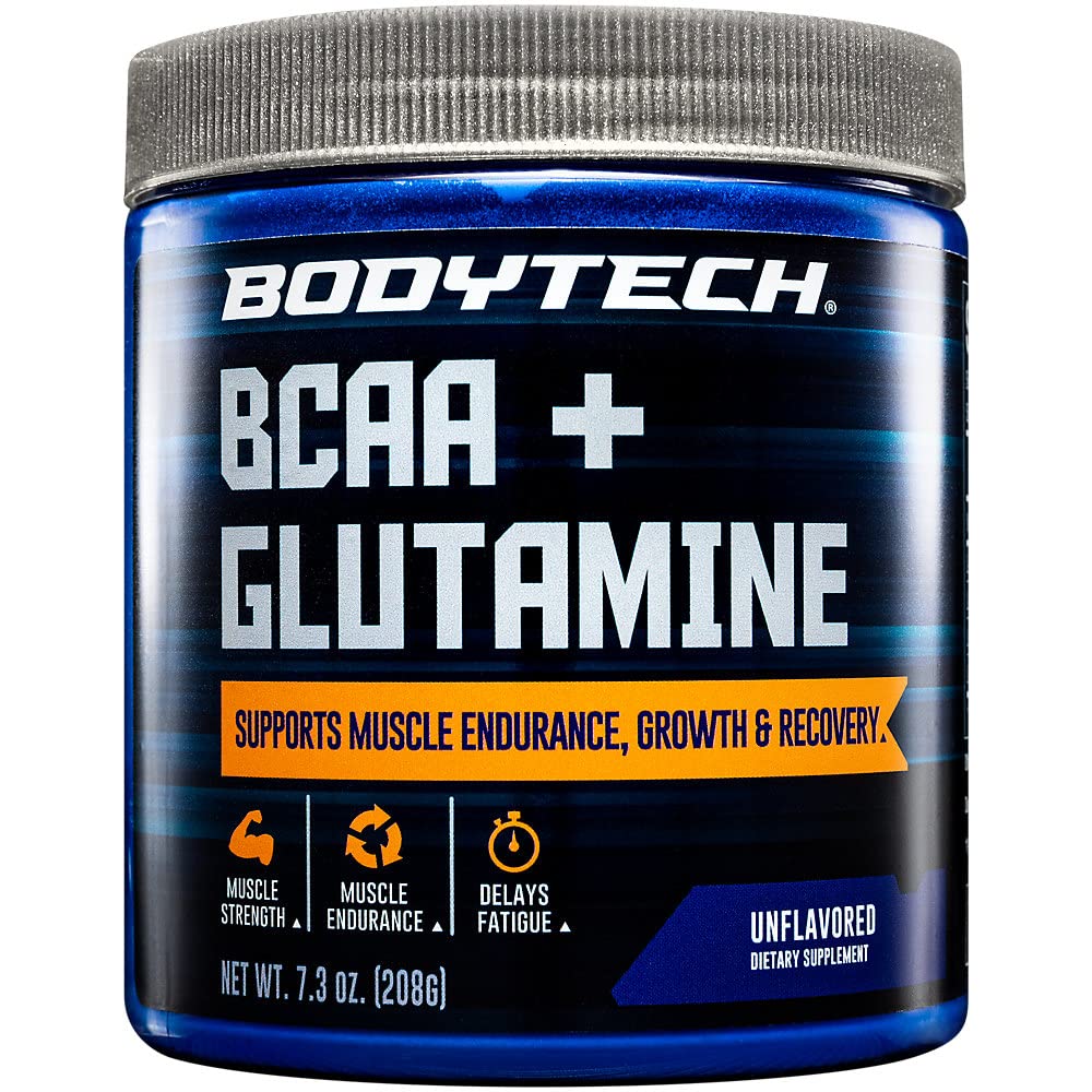 BodyTech BCAA + Glutamine Powder with Vitamin C, L Glutamine & More, Essential Pre Workout or Post Workout Amino Acids for Men & Women, Unflavored, 7.3 Oz, 30 Servings