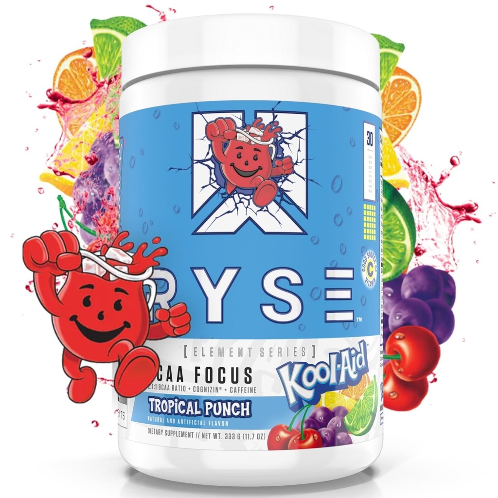 RYSE BCAA Focus Powder - Kool-Aid Tropical Punch - BCAA Supplement with Electrolytes, Natural Caffeine & Cognizin Supports for Hydration, Recovery, Energy, and Focus for Men & Women - 30 Servings