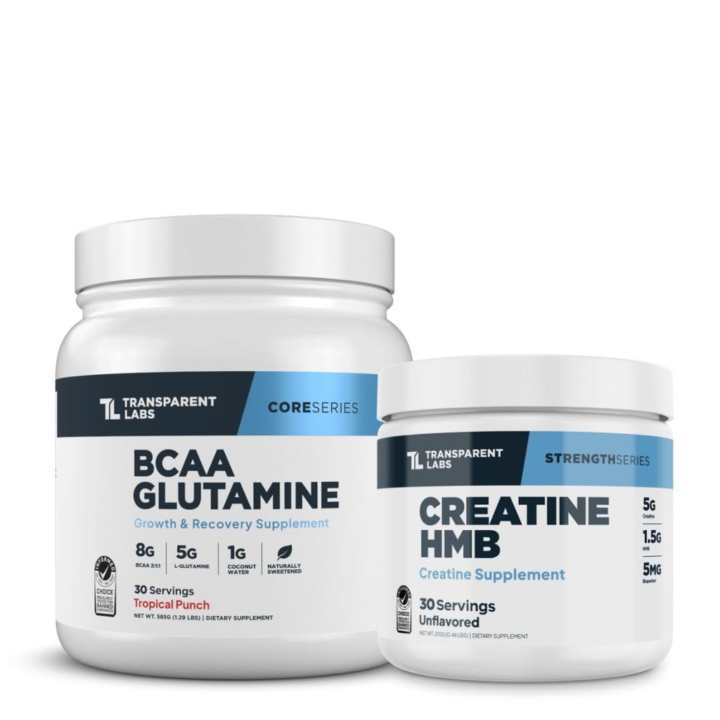 Transparent Labs BCAA Glutamine Powder (30 Servings, Tropical Punch) & Creatine HMB (30 Servings, Unflavored)