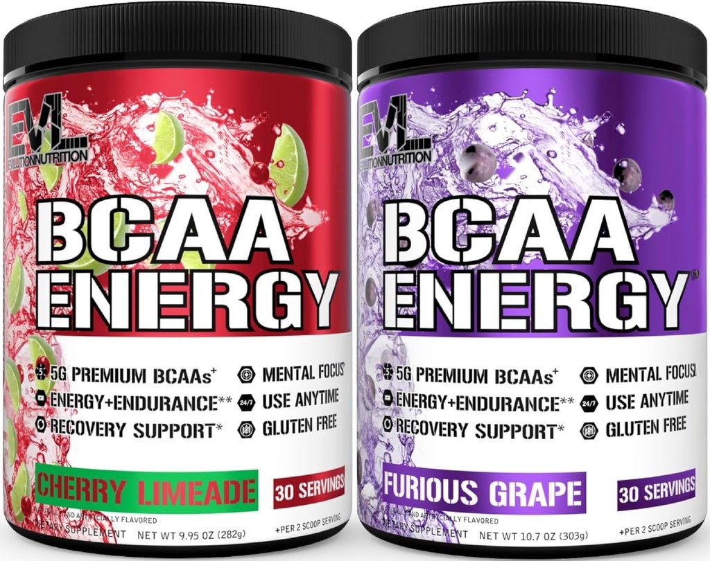 Evlution Replenishing BCAAs Amino Acids Powder for Pre & Post Workout (Grape and Cherry Lime, 30 Servings Each)