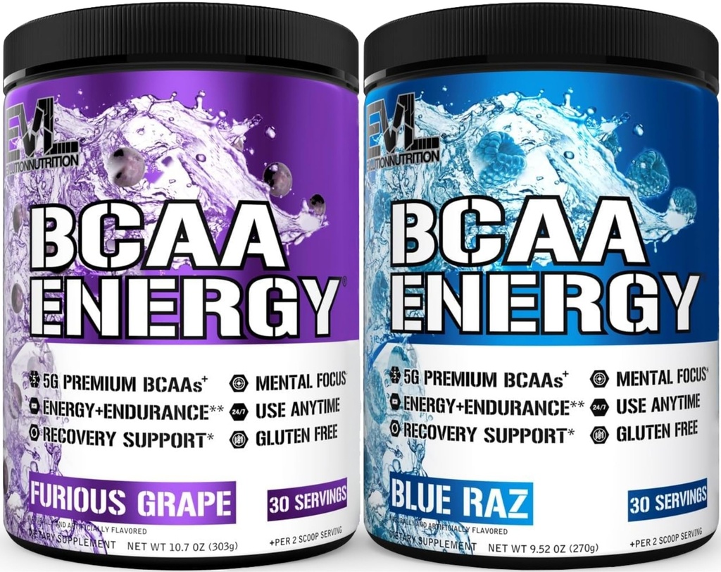 Evlution Replenishing BCAAs Amino Acids Powder for Pre & Post Workout (Grape and Blue Raz, 30 Servings Each)