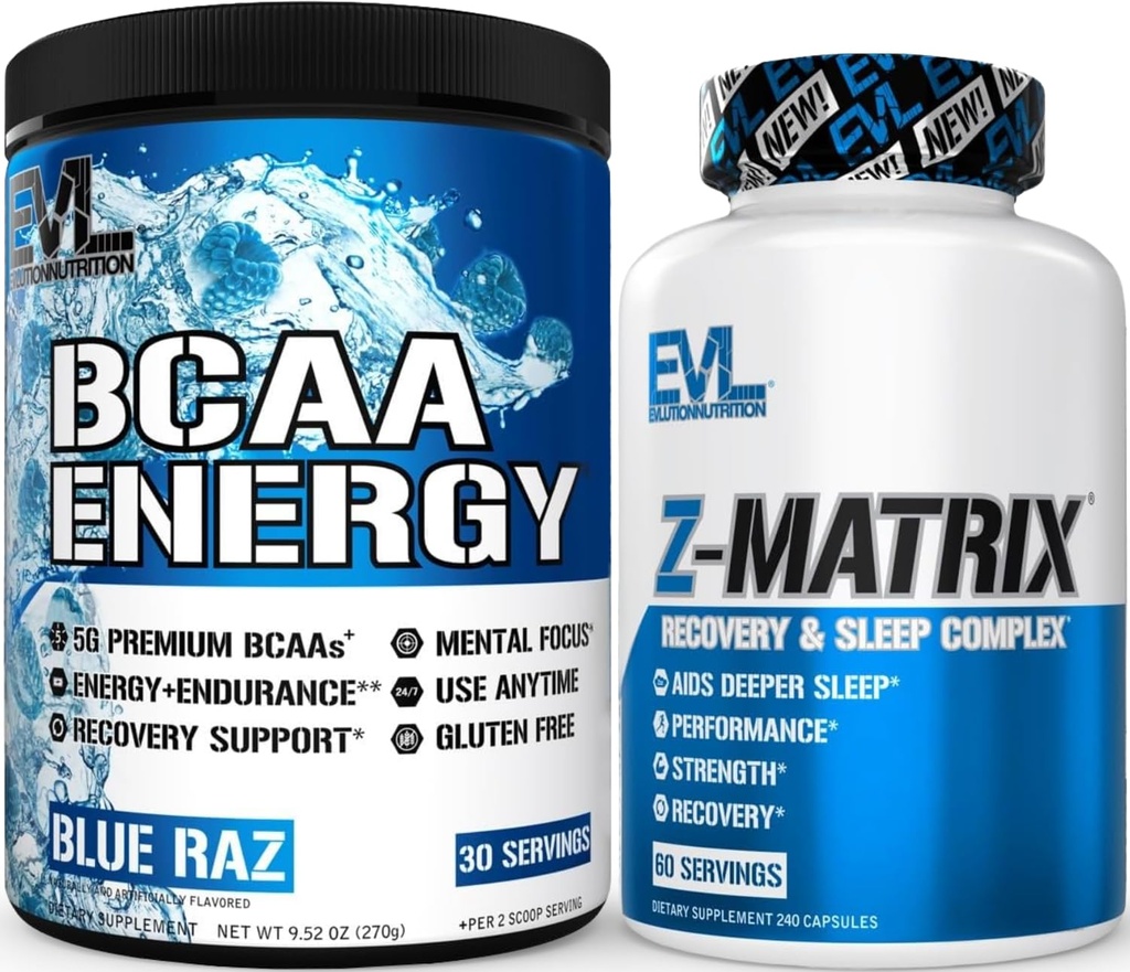 Evlution ZMatrix Magnesium and Zinc Post Workout Supplement (60 Servings) Plus Replenishing BCAAs Amino Acids Powder for Pre & Post Workout (Blue Raz, 30 Servings)
