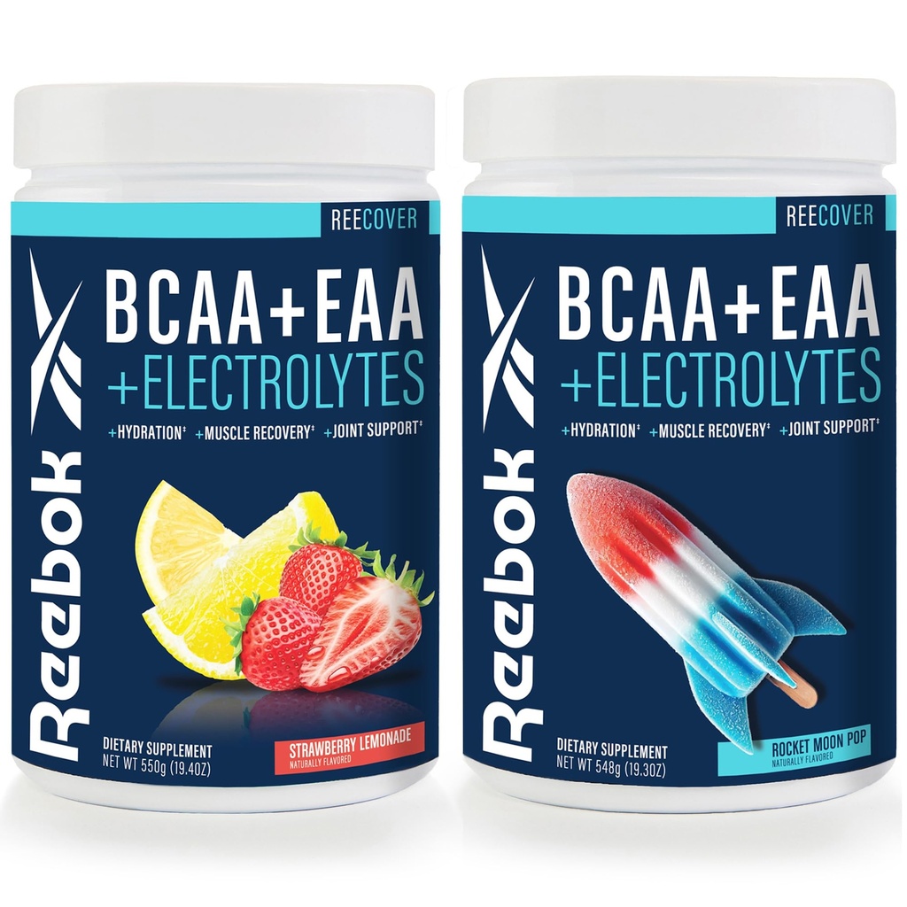 Reebok REEcover Amino Acids + Electrolytes Bundle | 8g EAAs, 5g BCAAs, Hydration Matrix | Post-Workout Support | 30 Servings | Rocket Moon Pop + Strawberry Lemonade