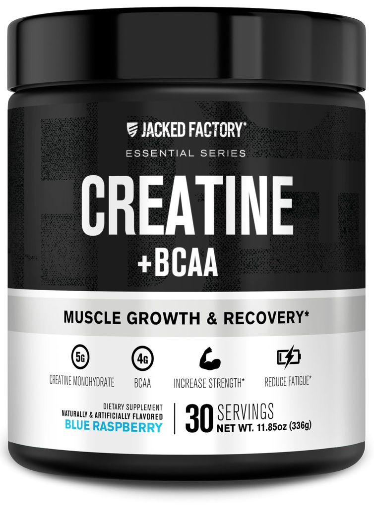 Jacked Factory Creatine + BCAAs - Creatine Monohydrate + BCAA σκόνη για την αυξημένη μετά την προπόνηση ανάκτηση, απόδοση, Lean μυϊκή ανάπτυξη, & Μειωμένη κόπωση - 30 εξυπηρετούν, Blue Raspberry