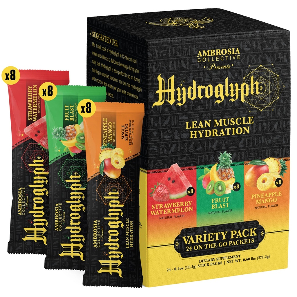 Ambrosia Fasting Electrolytes Powder | EAA Amino Acids, BCAA & HMB | Sugar Free Hydration with Coconut Water | Vegan, Gluten Free | 24 Single Serve Packets | Variety Pack