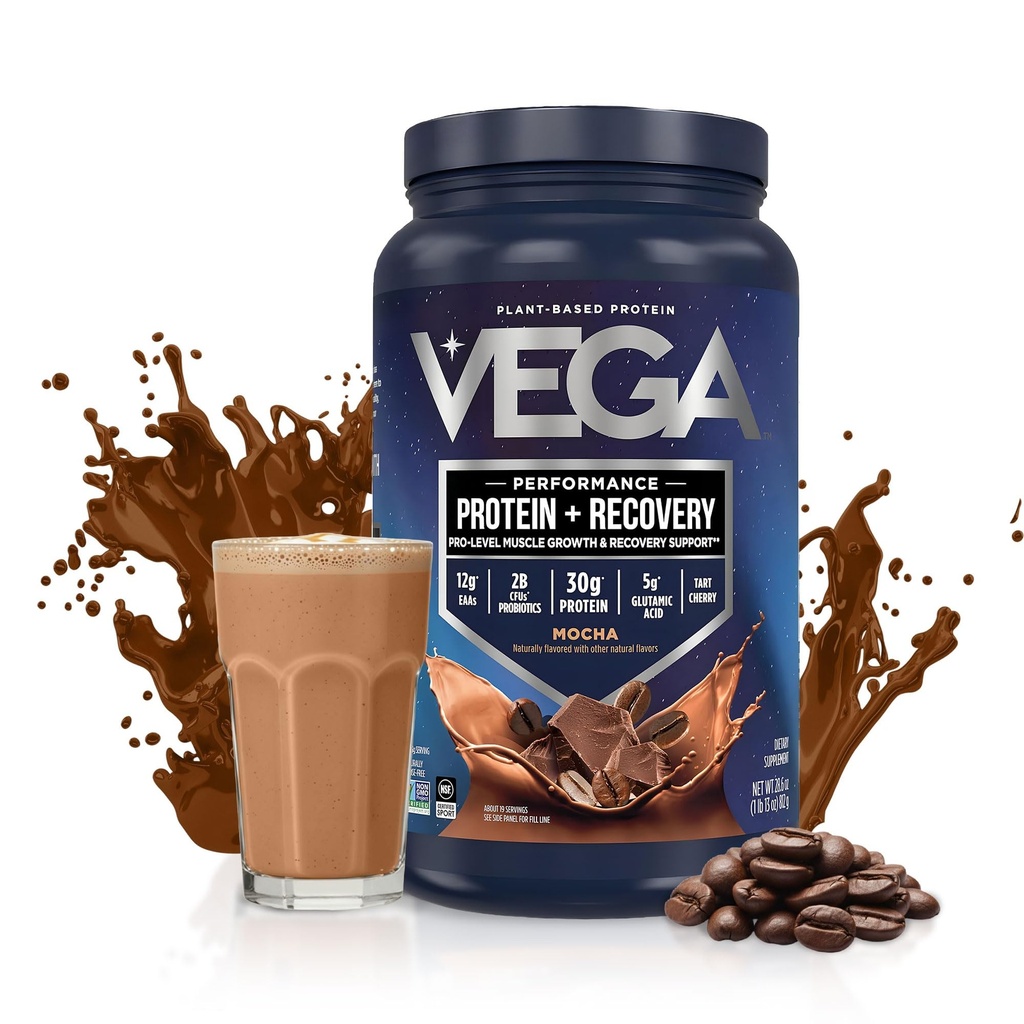 Vega Protein + Recovery, Mocha – 30g Vegan Protein, Dairy & Gluten Free, Probiotics, NSF Certified, 28.8 oz,19 Servings (Pack of 12)