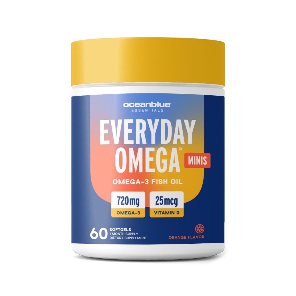 Oceanblue Omega-3 Supplement for Women | Burpless Fish Oil 720mg with Vitamin D3 | Small Pills Easy to Swallow Mini Softgels | Heart Immune Support Orange Flavor | 60 Count