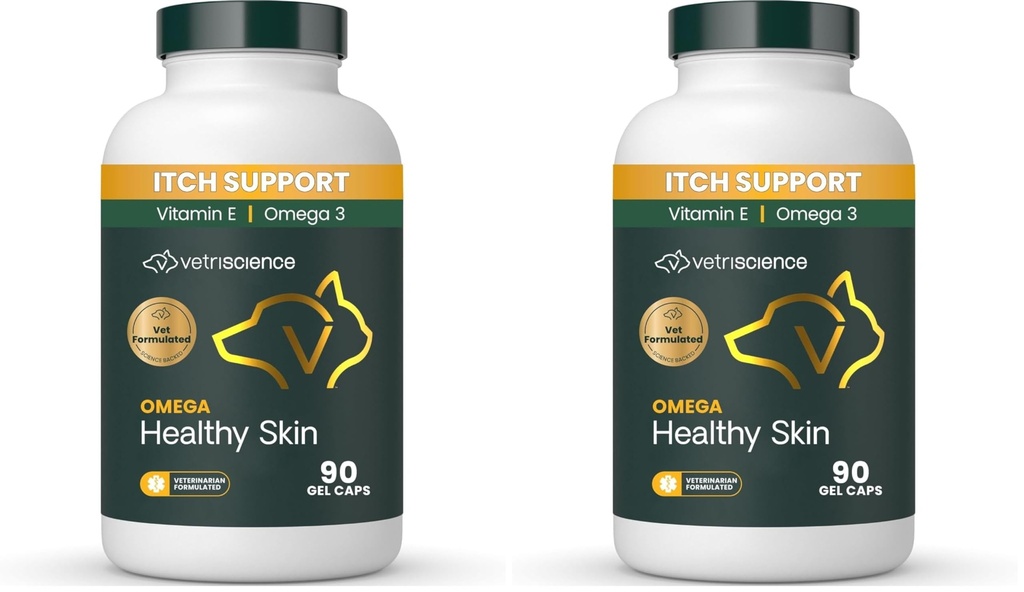 VetriScience Omega Healthy Skin Capsules, 3.6.9 Fish Oil Supplement for Dogs & Cats, Skin Health, Coat Growth, Reduce Shedding, Over 750 mg Omega Fatty Acids per Capsule, Gel Caps,90 Count(Pack of 2)