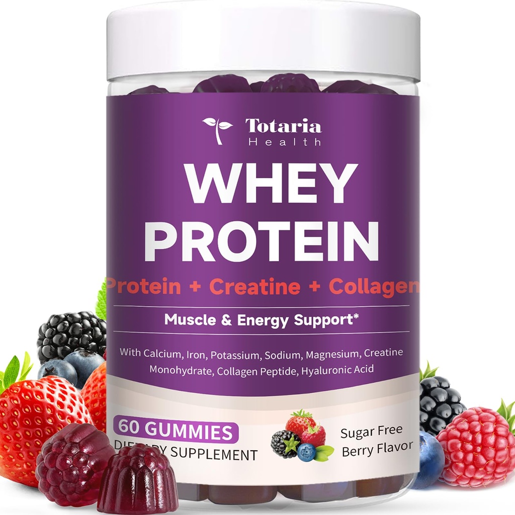 3 in 1 Whey Protein Gummies | Creatine Monohydrate | Collagen, 0 Sugar, Pure Protein Source, Muscle & Energy Support, Berry Flavor, for Women and Men