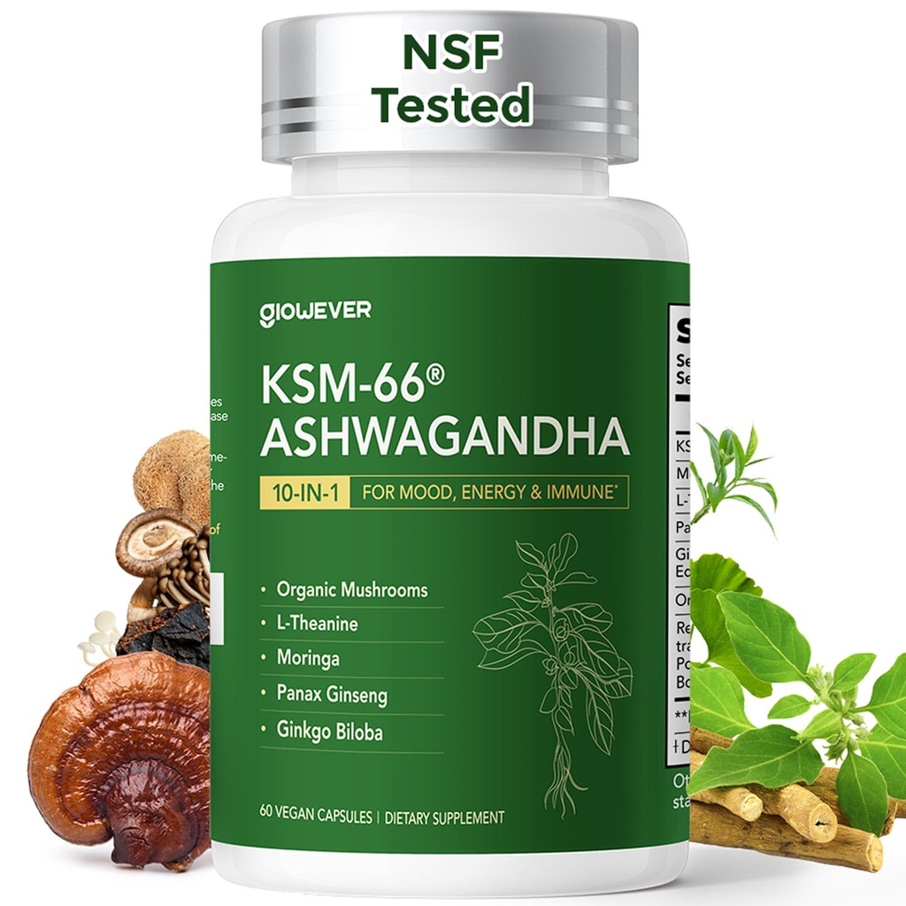 GlowEver KSM-66 Ashwagandha Supplements with L-Theanine Moringa Organic Mushrooms Complex Ginseng Ginkgo Biloba - Mood & Energy Support, Cortisol Manager, Immune Support, 60 Vegan Capsules