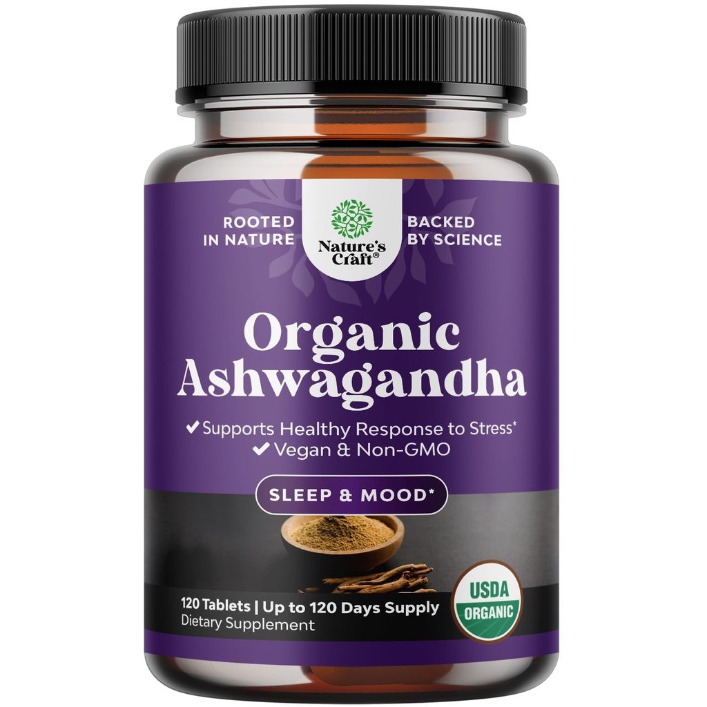 High Strength Organic Ashwagandha Supplements - Ashwagandha Organic Tablets for Mood Support & Hormone Balance for Women & Men - Root Extract Powder with Black Pepper for Better Absorption - 120 Ct