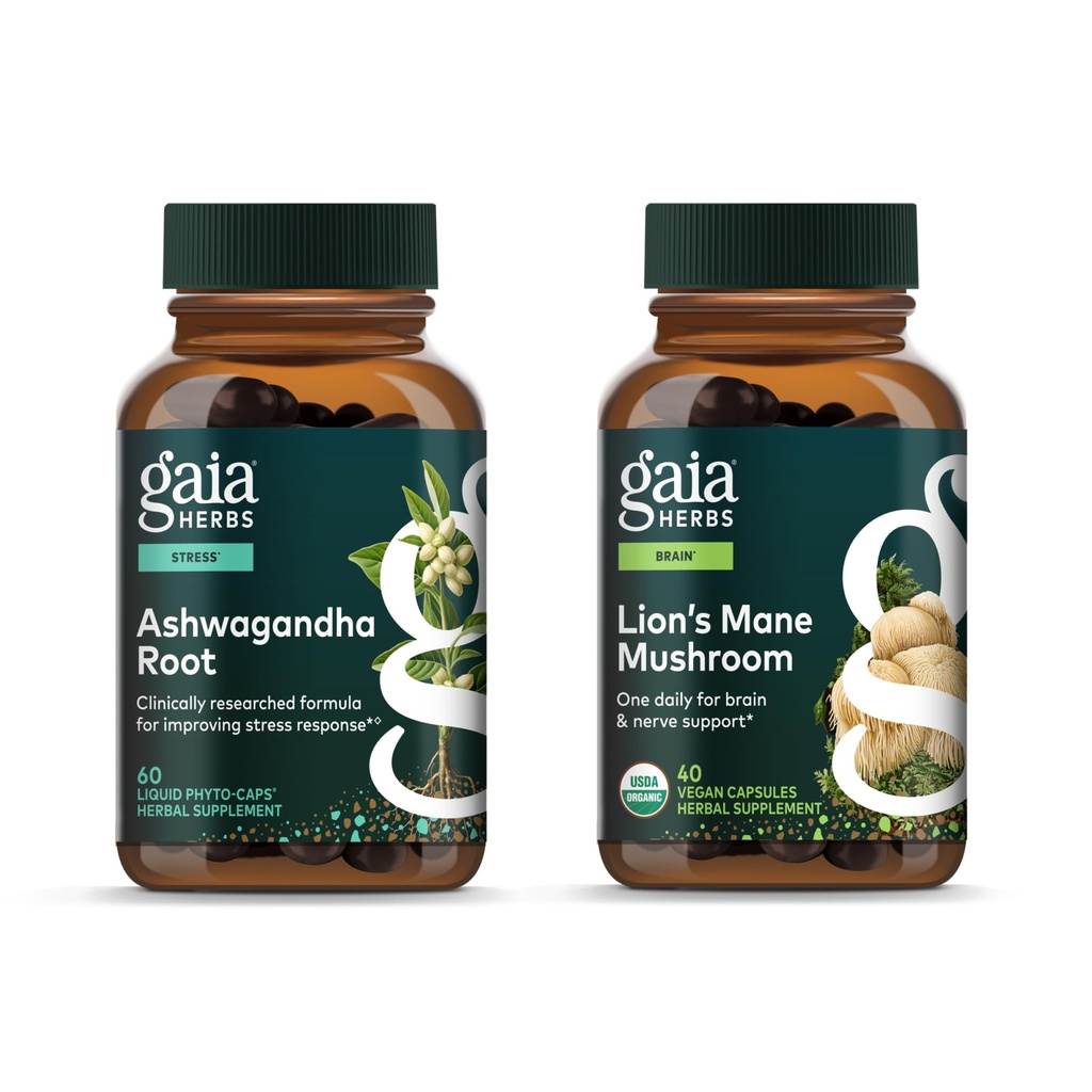 Gaia Herbs Ashwagandha Root, Stress Relief & Sleep Support Supplement*, 60 Vegan Liquid Phyto-Caps Lion's Mane Mushroom, Brain Health Support*, 40 Vegan Capsules - Bundle (Pack of 2)