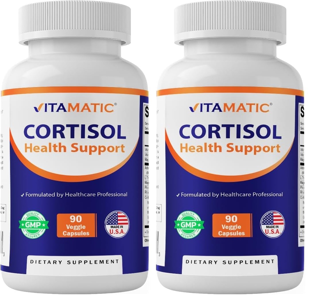 Vitamatic Cortisol Health Support - 90 Veggie Capsules - Made with Adaptogenic Blend with Ashwagandha, Rhodiola, Magnolia, L-Theanine, Phosphatidylserine (Pack of 2)