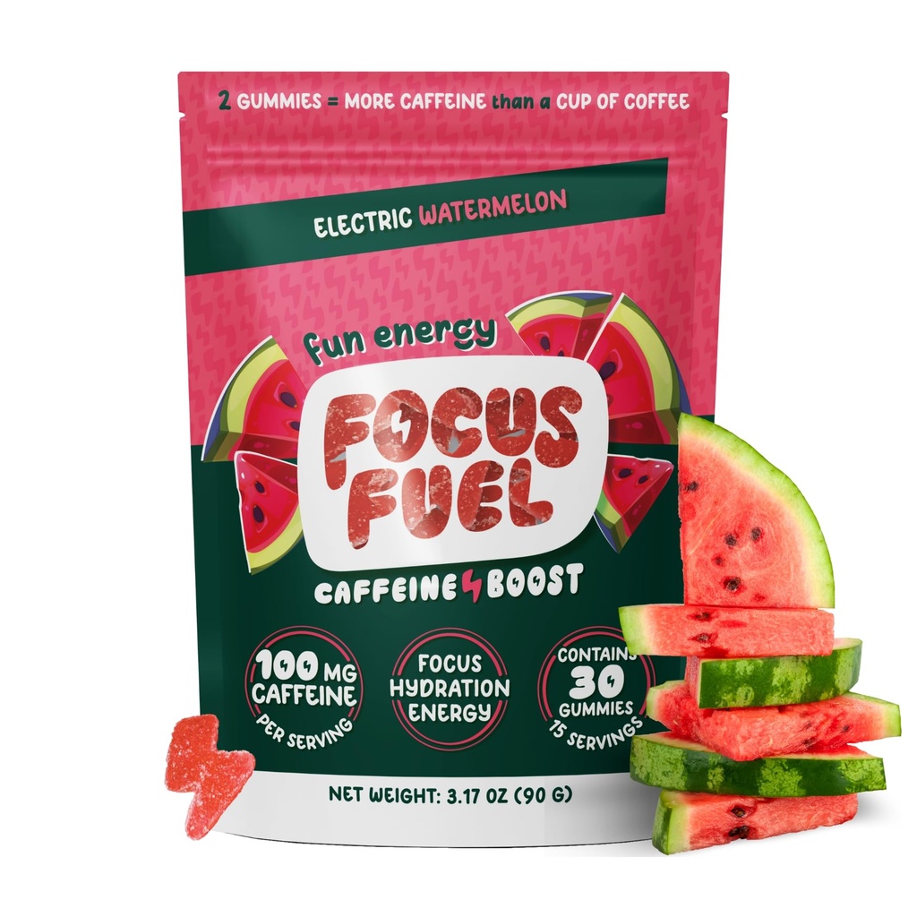 FocusFuel Energy Chews – Watermelon Flavor (15 Servings) – 100mg Caffeine + L-Theanine + B12, Magnesium – All-Natural Energy Boost – No Crash or Jitters