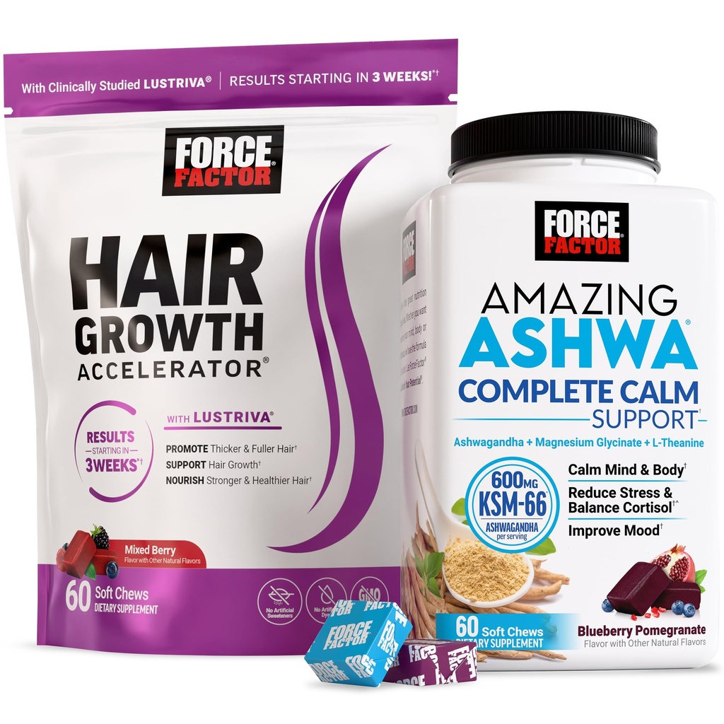 Force Factor Hair Growth Accelerator Soft Chews, Lustriva & Biotin to Promote Thicker, Stronger, Fuller Hair, Hair Growth Vitamins for Women + Amazing Ashwa Complete Calm with KSM-66 Ashwagandha