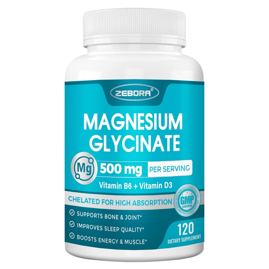 Magnesium Glycinate 500mg, High Absorption Magnesium Supplement with Vitamins B6 & D3, Chelated Magnesium Glycinate Capsules for Muscle, Heart, Calm & Immune Health, Non-Buffered, 120 Capsules
