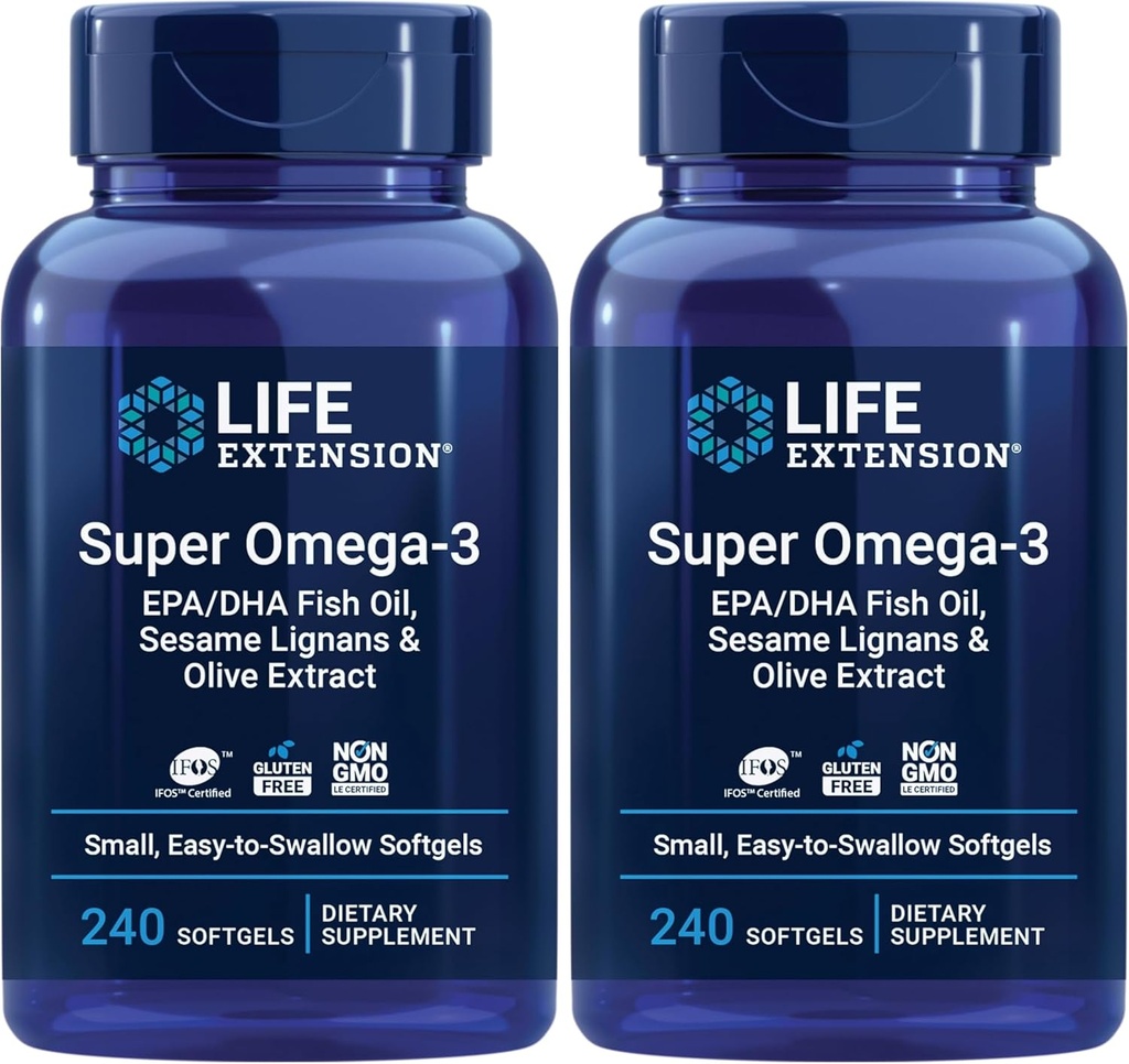Επέκταση ζωής Super Omega-3 EPA/DHA ιχθυέλαιο, Sesame Lignans & εκχύλισμα ελιάς - Συμπλήρωμα Ωμέγα 3 - για την υγεία της καρδιάς και την υποστήριξη του εγκεφάλου - Χωρίς γλουτένη, μη GMO - 240 Easy-to-Swallow Softgels