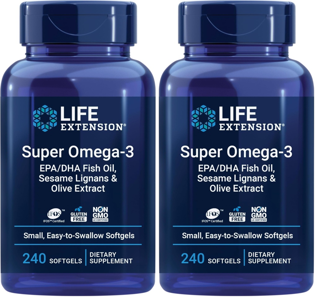 Επέκταση ζωής Super Omega-3 EPA/DHA Fish Oil, Sesame Lignans & Olive Extract – Καρδιά, Εγκέφαλος, Υποστήριξη για την Υγεία Φλεγμονή, Χωρίς Γλουτένη, Εύκολο στην Κατάποση, Μη-ΓΤΟ, 240 Softgels (Pack of 2)
