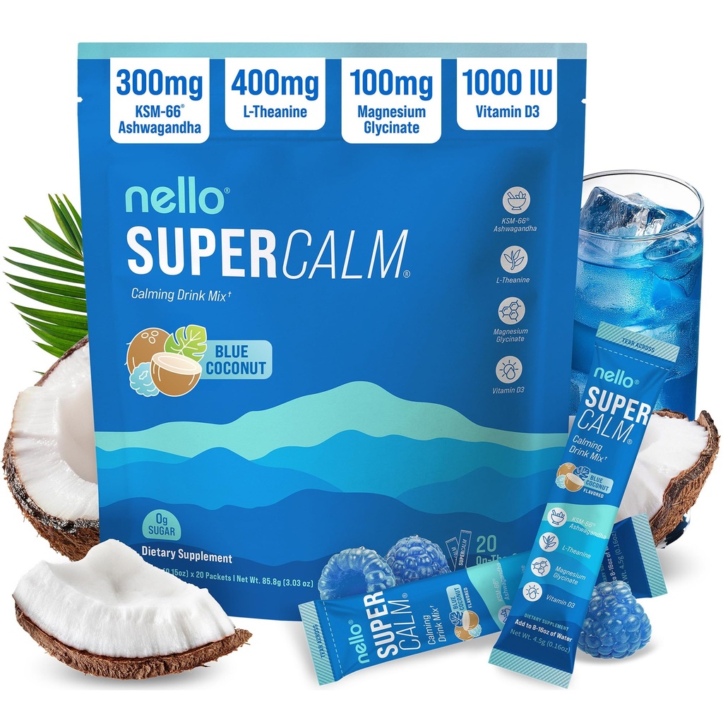 Nello Supercalm Drink Mix with Magnesium Glycinate, KSM 66 Ashwagandha, Vitamin D3 and L Theanine, Calm Powder Supplements for Relaxation Support, No Sugar, Travel Packets, 20 Ct, Blue Coconut