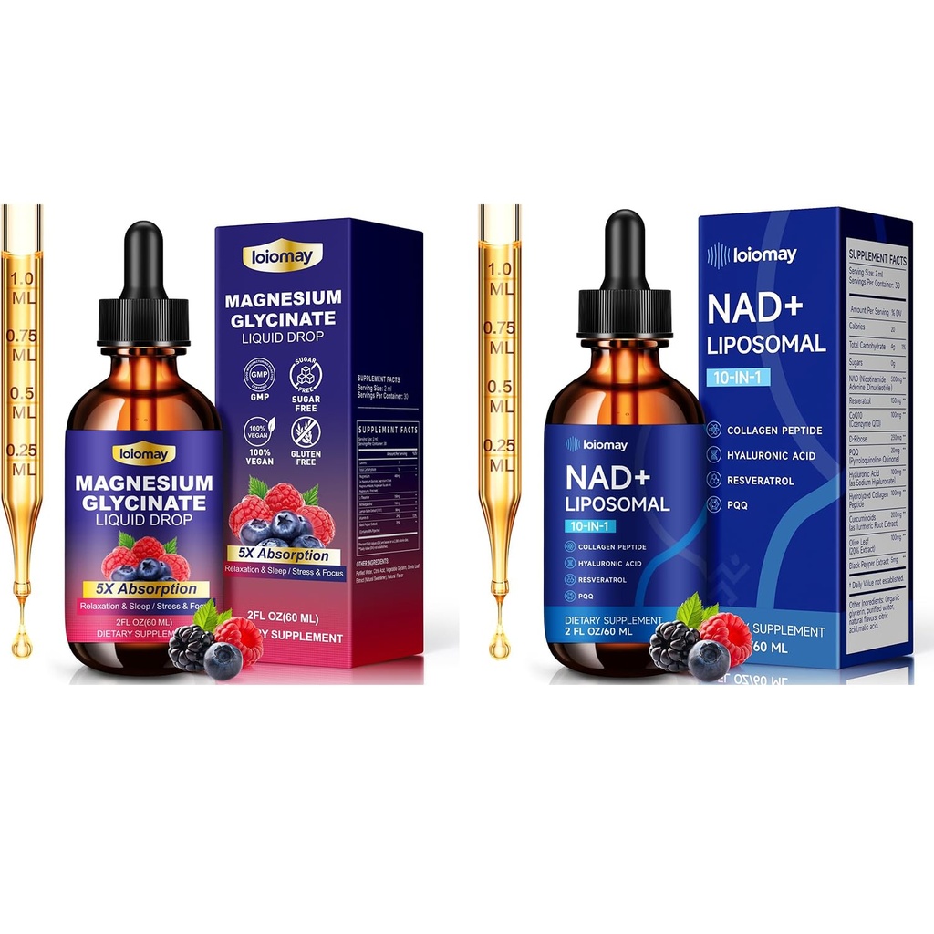Liposomal NAD & Magnesium Glycinate Liquid Drops Bundle – Anti-Aging, Longevity, Energy & Relaxation Support – 2 Fl Oz Each, 2 Pack for Women & Men