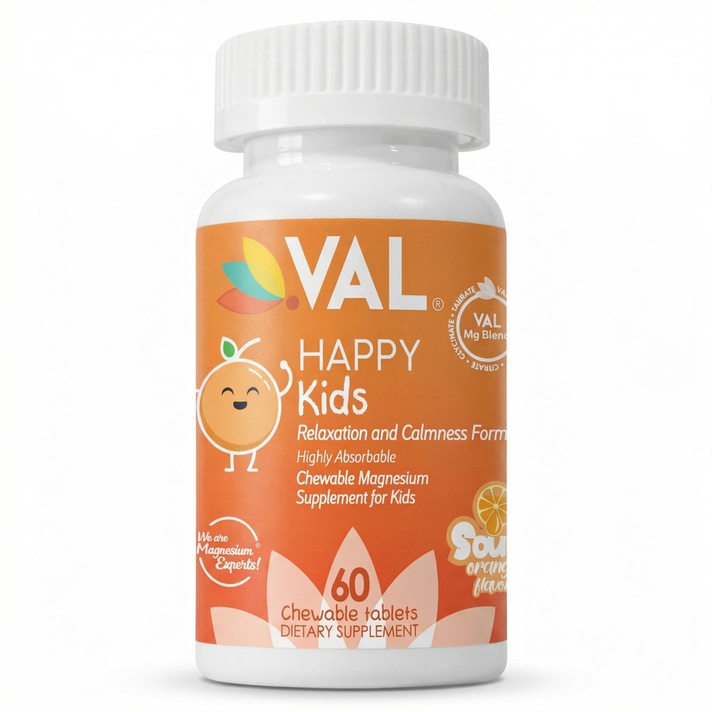 VAL Kids Magnesium | Calm + Focus Formula | 100mg Mg (Glycinate, Citrate, Taurate) + B6, D3, C | Sugar-Free, Non-GMO | Fun Chewable Tablets | Orange Flavor | 60 Ct (Pack of 2)