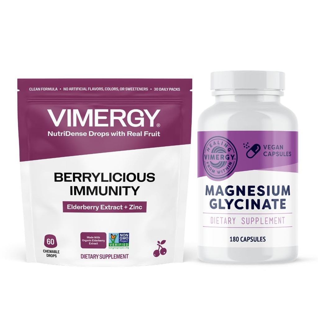 Vimergy NutriDense Elderberry + Zinc Berrylicious Immunity* Chewables (60 Count) & Magnesium Glycinate (180 Caps)