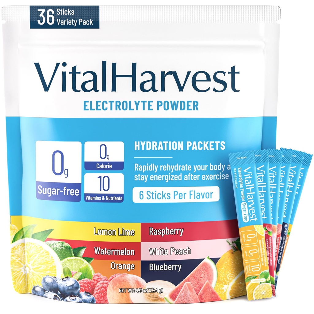 36 Sticks Electrolytes Powder Packets 6 Flavors Sugar Free Hydration Packets Electrolyte Liquid Daily IV Drink Mix with Lemon Lime, Watermelon, Orange, Raspberry, White Peach, Blueberry