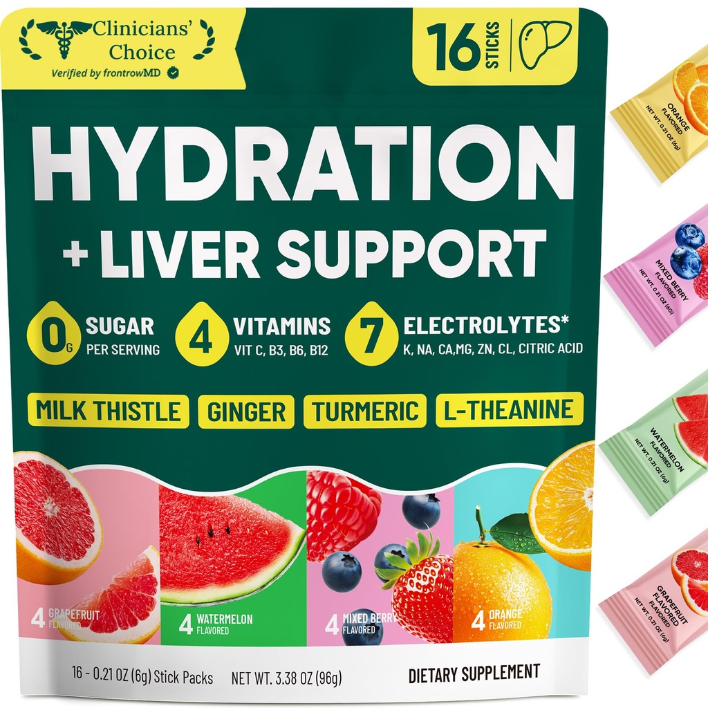 Venture Pal Hydration Packets + Liver Support- Liquid Daily IV Electrolyte Powder Packets with 7 Electrolytes & 5 Vitamins, Milk Thistle + L-Theanine | Sugar-Free | Keto Friendly | Vegan, 16 Sticks