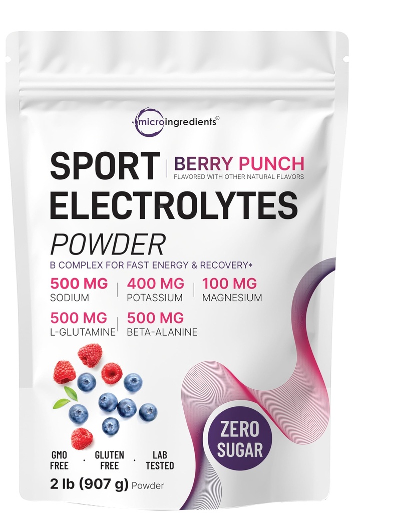 Electrolytes Powder, 2 lbs | 90 Servings | Sugar Free Workout Hydration | Potassium, Sodium, Magnesium, L-Glutamine, Beta-Alanine, & B Complex | Berry Punch Flavor | Non-GMO, Gluten Free