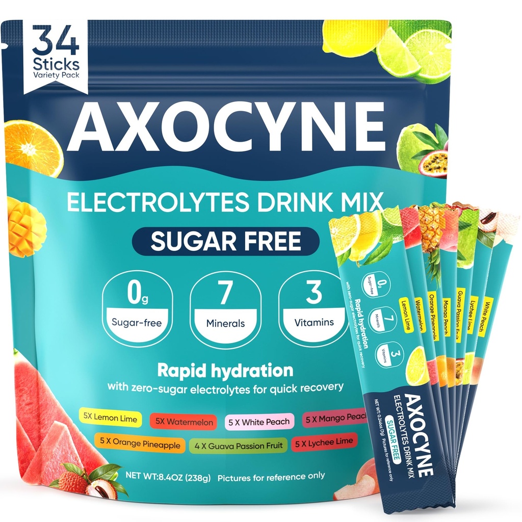 Electrolytes Powder Packets Sugar Free, 34 Sticks Hydration Packets Liquid Daily IV Electrolyte Drink Mixes with Potassium & Magnesium, Rapid Rehydration, Zero Sugar, 7 Flavors