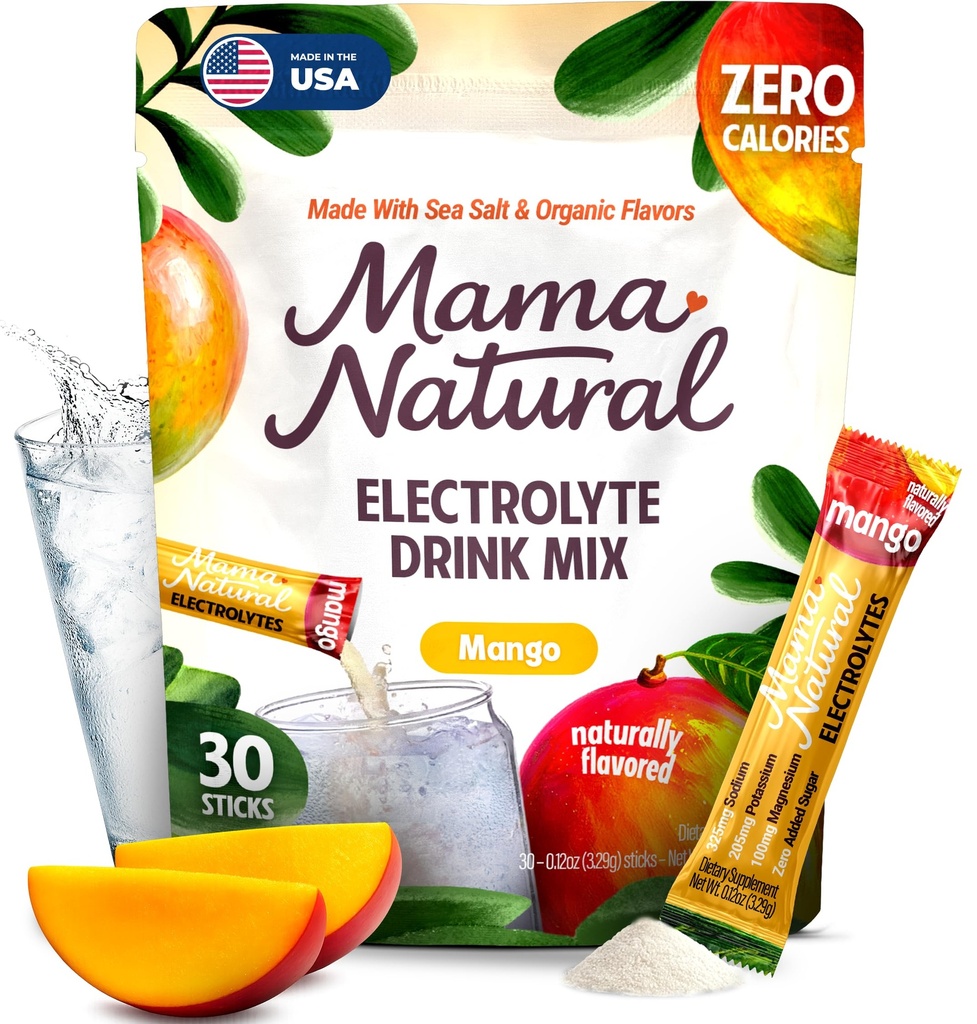 Mama Natural Electrolytes Powder Packets – Instant Hydration with natural Sea Salt, Potassium & Magnesium Glycinate – Sugar Free, Organic Mango Flavor – 30 Travel Sticks for Postpartum & Pregnancy