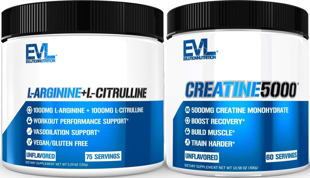 Pure Creatine Monohydrate Powder 5g (Unflavored, 60 Servings) Plus L-Arginine and L-Citrulline Nitric Oxide Complex (Unflavored, 75 Servings)