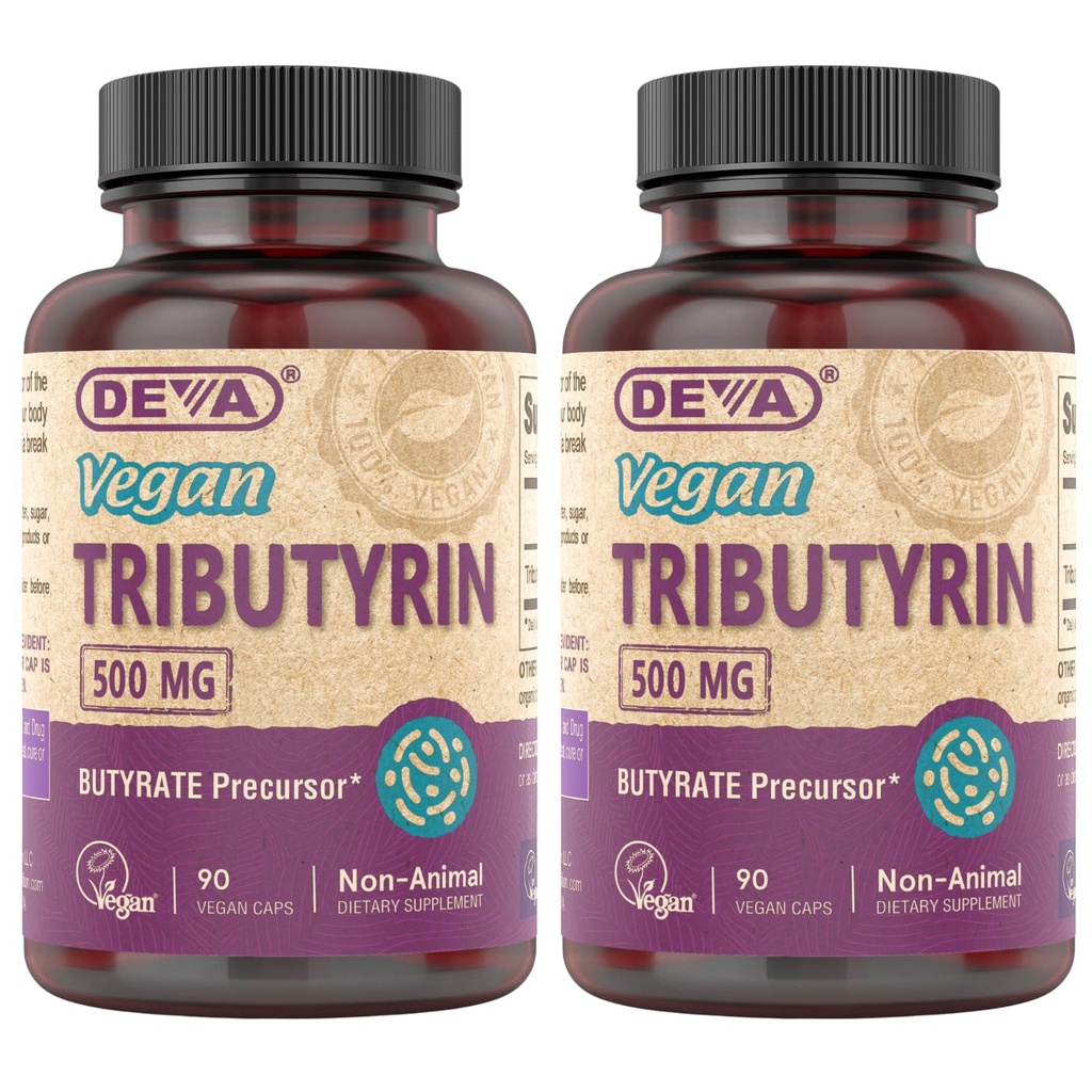 DEVA Vegan Tributyrin συμπλήρωμα - Butyrate Precursor, υποστήριξη φραγμάτων κόκκων, βουτυρικό οξύ, 500 MG κάψουλες Vegan, Leaky Gut support, Digetion, 90 Count (Pack of 2)