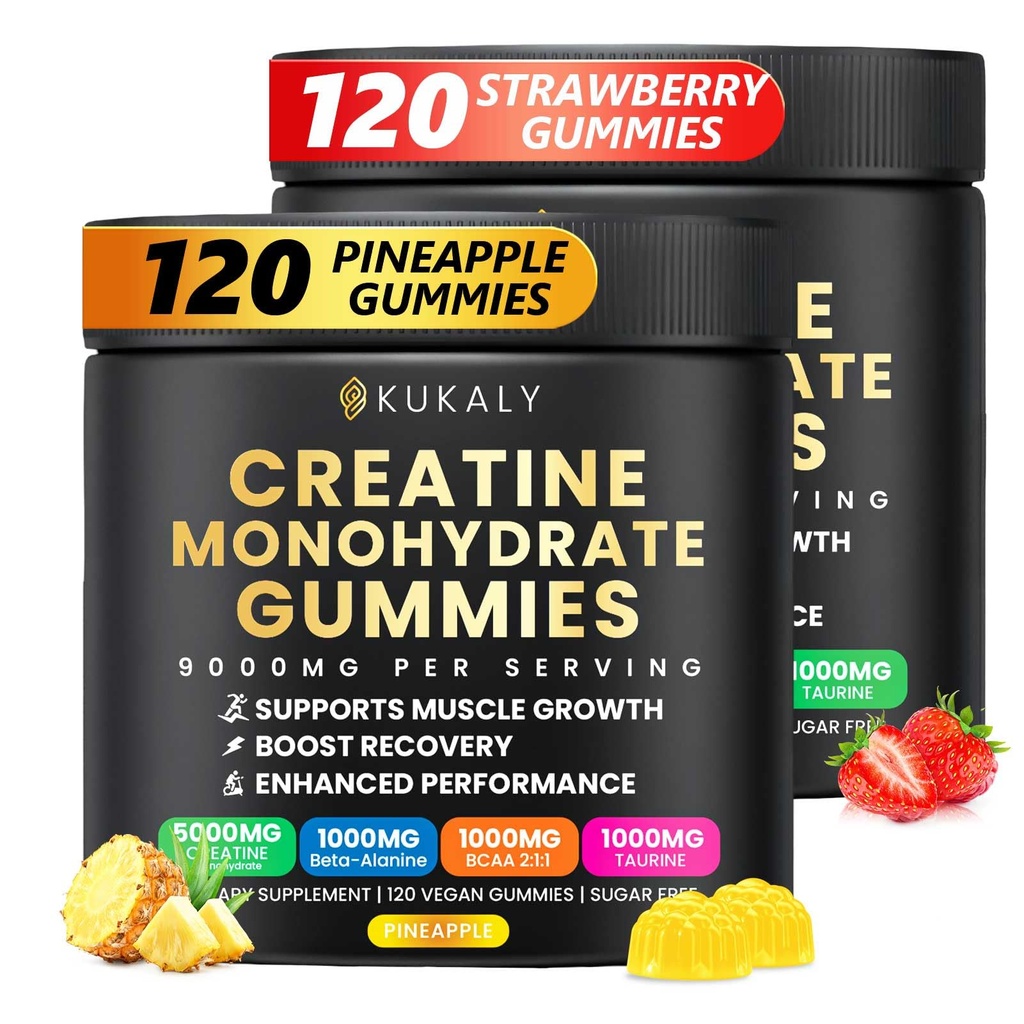 Creatine Monohydrate Gummies for Men & Women, 9000MG Creatine Gummies Sugar Free - BCAA 2:1, B12 B6 for Boost Strength, Focus & Endurance, Vegan, Non-GMO