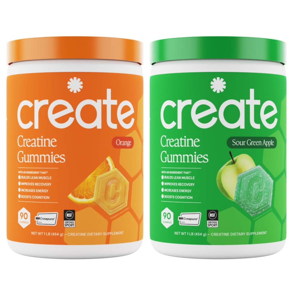 Create Create Monohydrate Gummies - Citrus Rush Duo - Sour Apple & Orange - Createine Gummies for Women & Men, NSF Certified, 3rd Party Tested, Anti-Melting Formula, 180 Count (2-Pack)