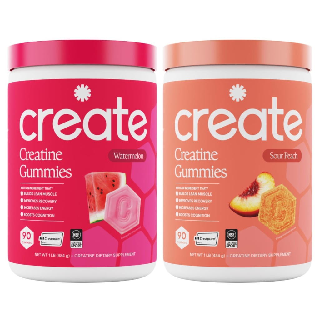 Create Creatine Monohydrate Gummies - Beach Day Duo - Sour Peach & Watermelon - Createine Gummies for Women & Men, NSF Certified, 3rd Party Tested, Anti-Melting Formula, 180 Count (2-Pack)