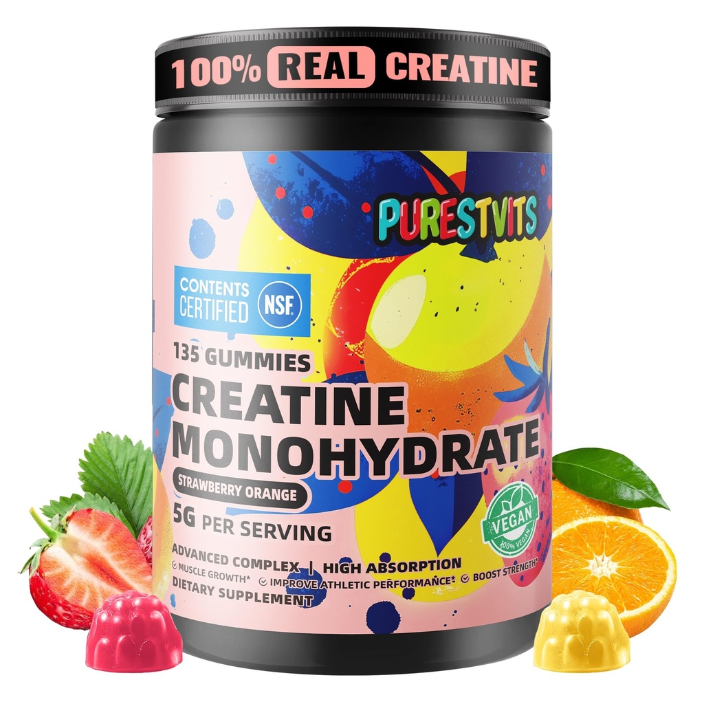 NSF Certified Creatine Gummy 5g - Creatine Monohydrate Gummies – Pre-Workout Energy & Muscle Growth Support for Men & Women | Strawberry Orange Electrolyte Gummies (135 Count)