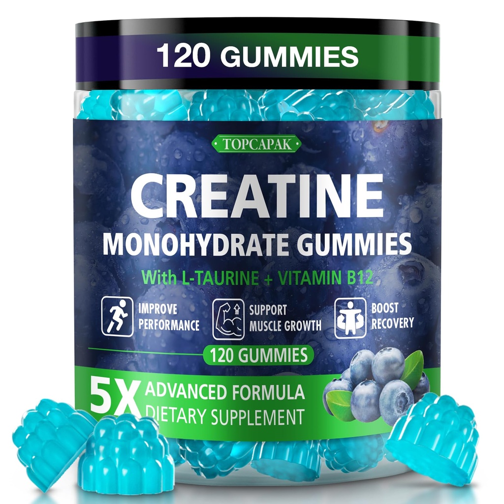 Creatine Gummies for Men & Women - Chewable Creatine Monohydrate Gummies with Taurine & Vitamin B12, 5g Creatine per Serving, Blueberry Flavor, Raspberry-Shaped - 120 Count