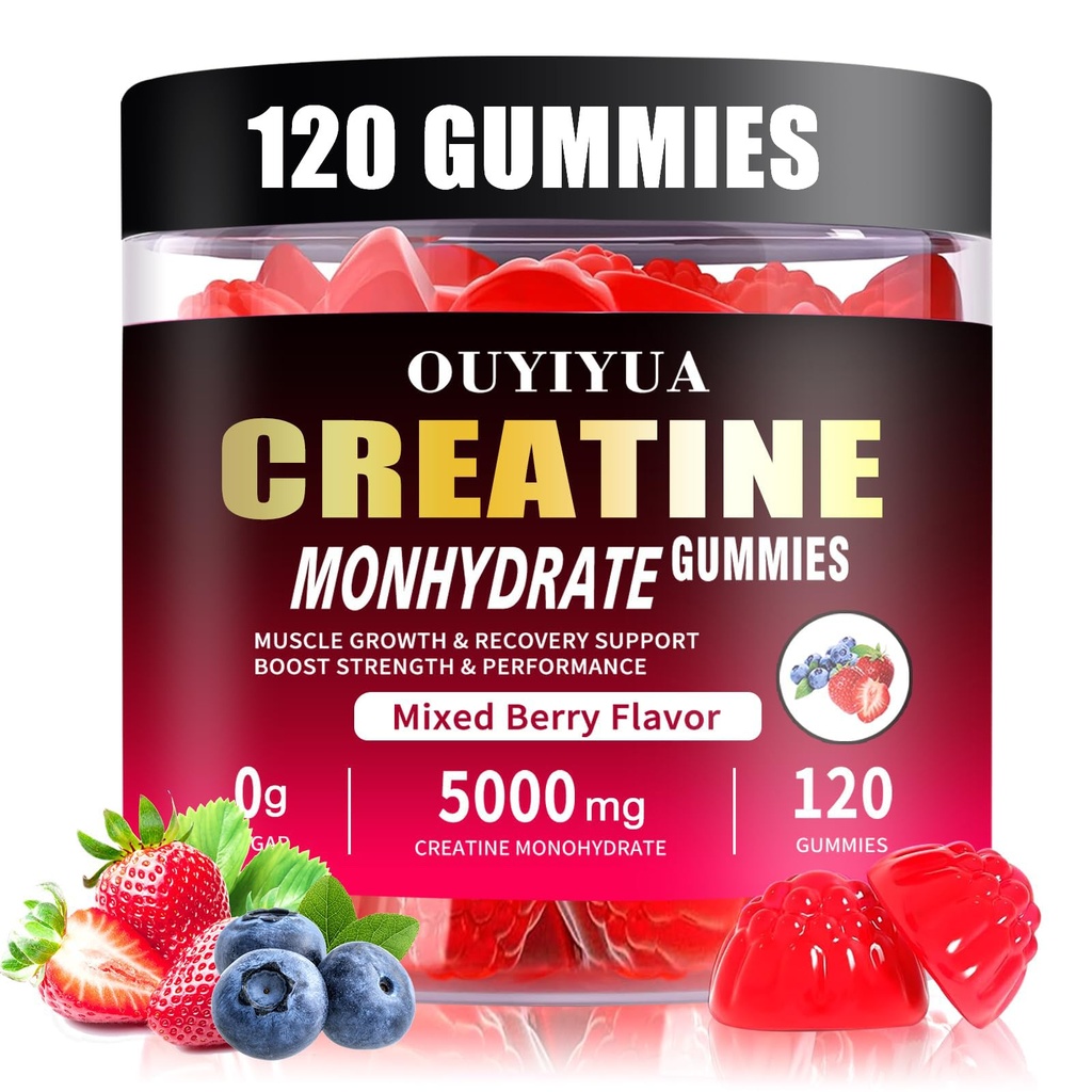 Creatine Monohydrate Gummies 5000mg για άνδρες και γυναίκες - Ζάχαρη δωρεάν συμπλήρωμα προ-εργασίας, Μασώμενα για μυϊκή δύναμη, μυών Builder, ενέργεια Boost, μικτή γεύση μούρου, 120 Count