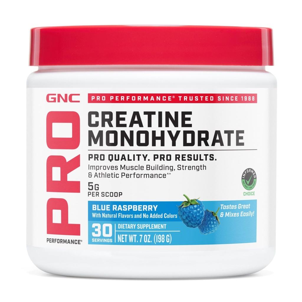 GNC Pro Performance Creatine Monohydrate - Daily Workout Supplement for Elite Athletes - Micronized Creatine Powder Drink Mix - Sports Nutrition - Blue Raspberry - 30 Servings