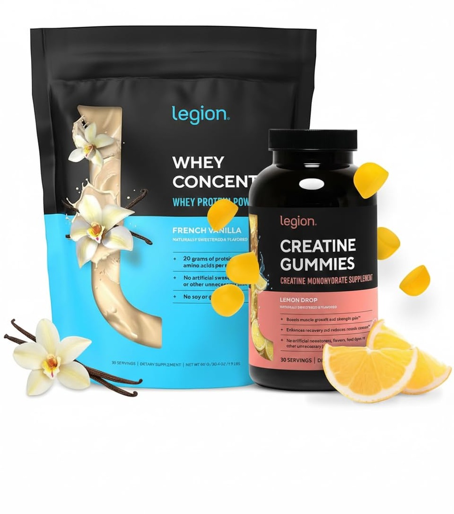 Stack υποστήριξης απόδοσης LEGION – Creatine Monohydrate Gummies (Lemon Drop, 30 Servings) + Whey Protein Powder (Vanilla, 30 Servings)
