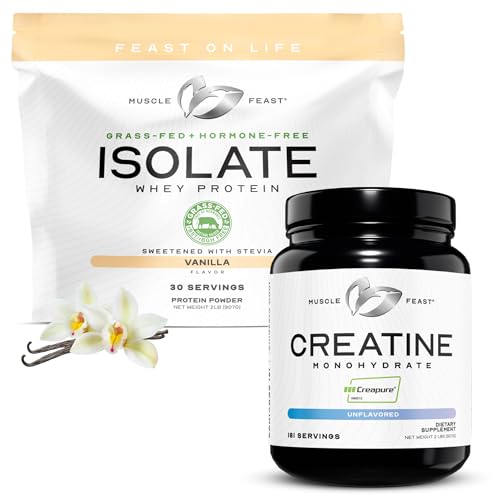 Muscle Feast Creatine + Isolate Bundle: 1 Creatine Powder (Unflavored, 2lb) + 1 Whey Protein Isolate (Vanilla, 2lb) | Premium Supplements, Vegetarian, Gluten Free