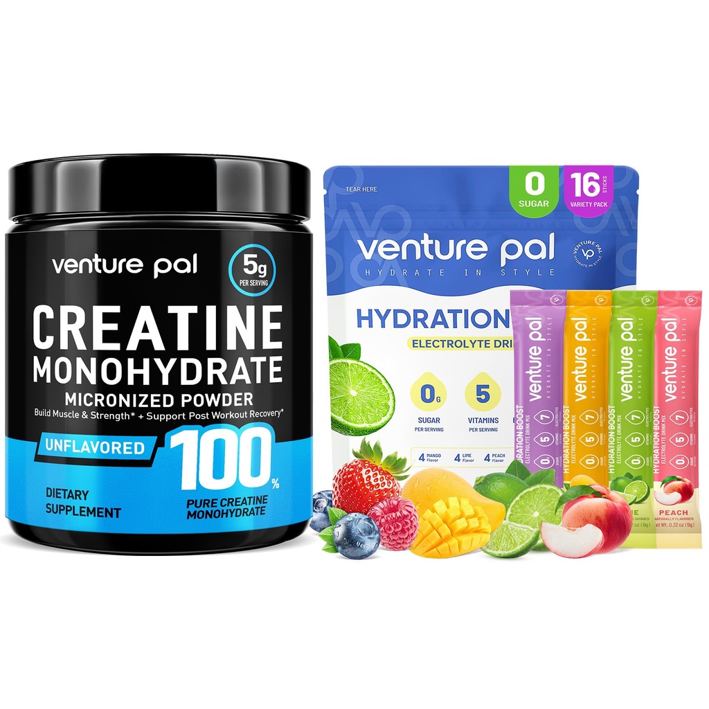 Venture Pal Micronized Creatine Monohydrate Powder + Electrolyte Powder Packets - Keto Friendly, Non-GMO, 16 Sticks for Energy