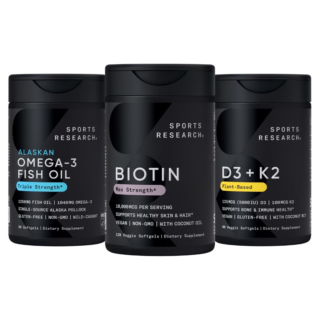 Sports Research® Body Wellness Pack - Vegan Biotin 10,000 mcg (120 Softgels), Triple Strength Omega 3 Fish Oil 1250 mg (90 Softgels) and Vegan Vitamin D3 5000iu + K2 100mcg Mk7 (60 Softgels)