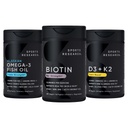 Sports Research® Body Wellness Pack - Vegan Biotin 10,000 mcg (120 Softgels), Triple Strength Omega 3 Fish Oil 1250 mg (90 Softgels) and Vegan Vitamin D3 5000iu + K2 100mcg Mk7 (60 Softgels)