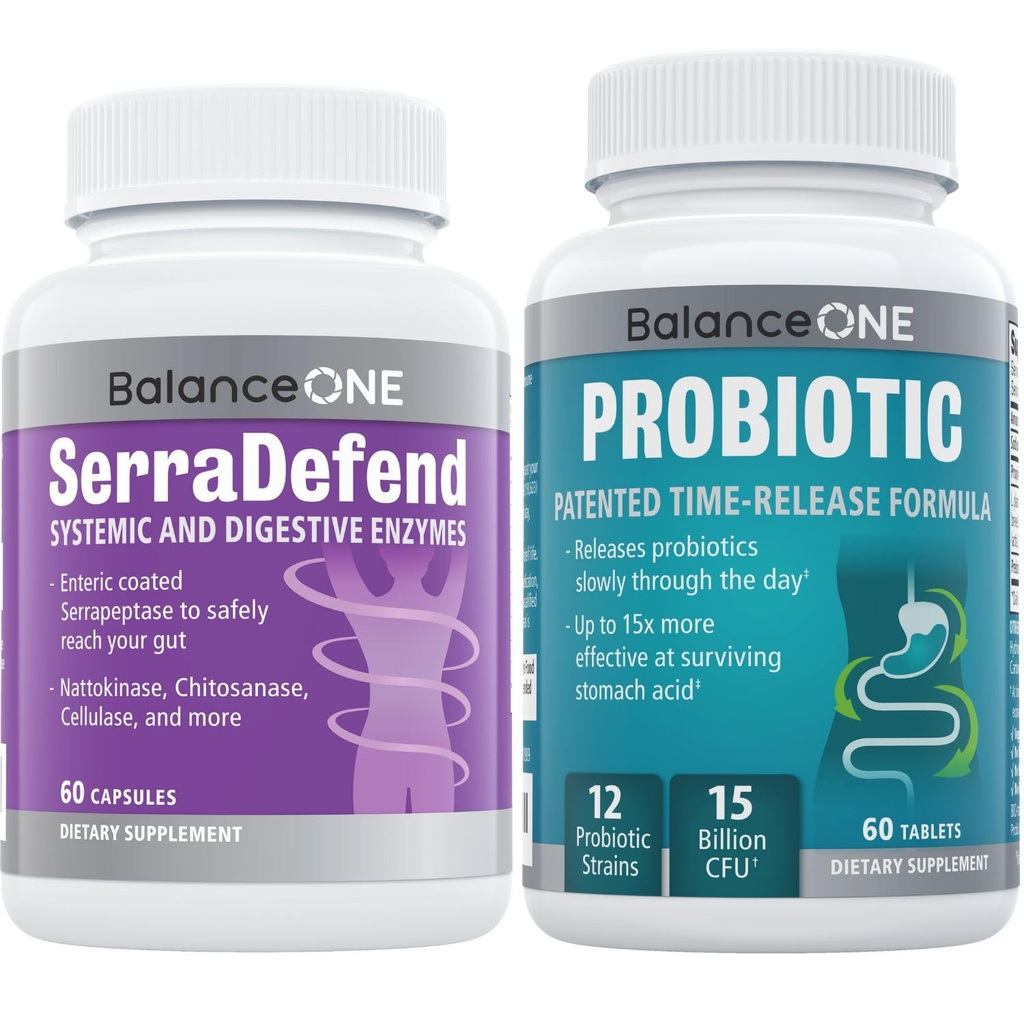 Balance ONE Probiotic & SerraDefend Bundle – 15 Billion CFUs Probiotic with Time-Release Technology + Serrapeptase for Healthy Digestion, Immune Support & Gut Health – Delayed-Release, Vegan