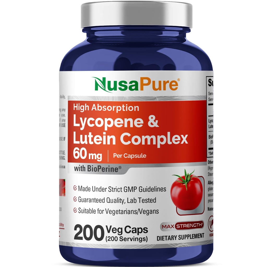 Lycopene & Lutein Complex, Non-GMO, 60mg, 200 Veg Capsules - 200 Servings | Vegan Formulation, Lutein Proprietary Complex with BioPerine, Suitable for Adults, Made in a cGMP Registered Facility USA