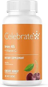 Celebrate Vitamins Iron Supplement with Vitamin C - 45mg Iron, 60mg Vitamin C, Bariatric Vitamins for WLS Patients, Vertical Sleeve & Gastric Bypass Surgery - Grape, 90 Chewable Tablets